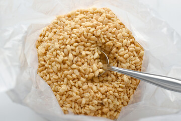 Crispy rice cereal in a plastic bag.
