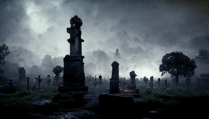Fototapeta premium illustration of old cemetery with fog on Halloween night. realistic halloween festival illustration. Halloween night pictures for wall paper. 3D illustration. Use digital paint blurring techniques.