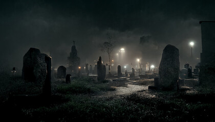 illustration of old cemetery with fog on Halloween night. realistic halloween festival illustration. Halloween night pictures for wall paper. 3D illustration. Use digital paint blurring techniques. - obrazy, fototapety, plakaty