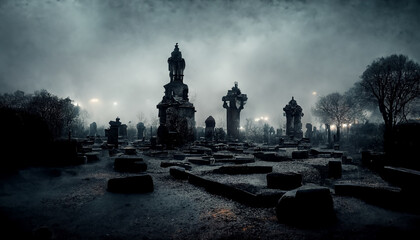 Fototapeta premium illustration of old cemetery with fog on Halloween night. realistic halloween festival illustration. Halloween night pictures for wall paper. 3D illustration. Use digital paint blurring techniques.