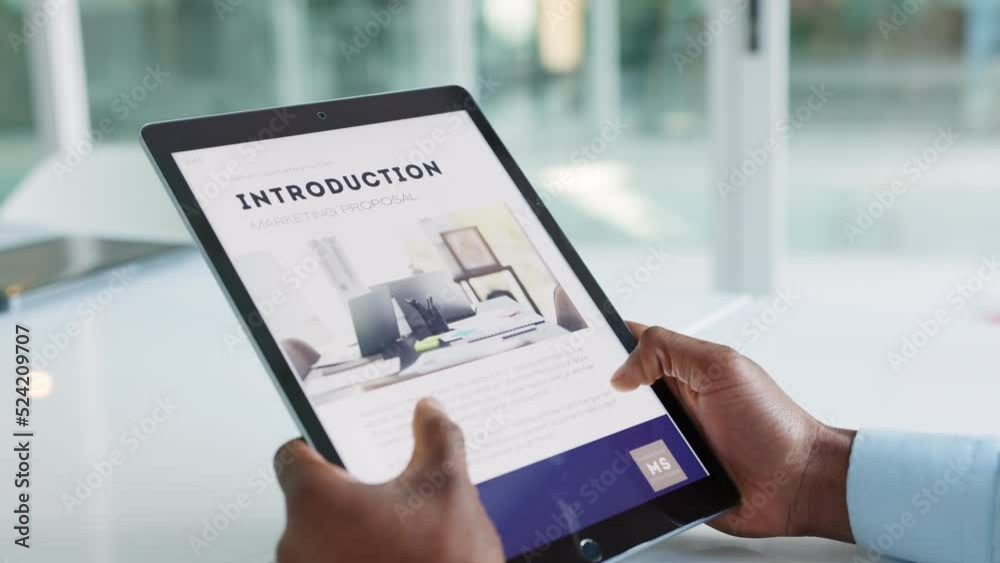 Aufkleber Presentation, pitch or website on a tablet screen, and business man is reading and scrolling through it. Closeup of entrepreneur browsing an online website on the internet looking at the about us