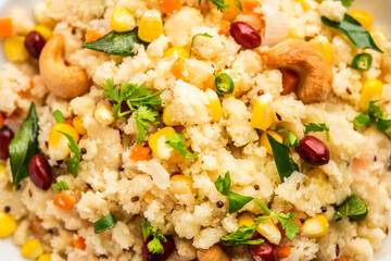 Sweet Corn Upma, makai rava uppittu made using with or without semolina , healthy Indian breakfast