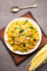 Sweet Corn Upma, makai rava uppittu made using with or without semolina , healthy Indian breakfast