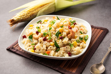Sweet Corn Upma, makai rava uppittu made using with or without semolina , healthy Indian breakfast