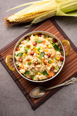 Sweet Corn Upma, makai rava uppittu made using with or without semolina , healthy Indian breakfast