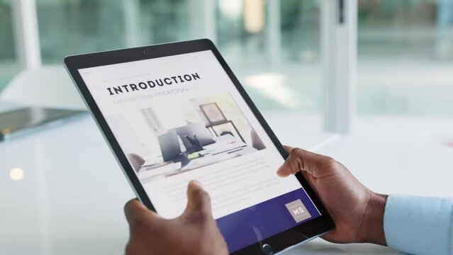 Presentation, pitch or website on a tablet screen, and business man is reading and scrolling through it. Closeup of entrepreneur browsing an online website on the internet looking at the about us