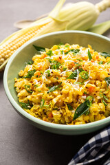 Sweet Corn Upma, makai rava uppittu made using with or without semolina , healthy Indian breakfast
