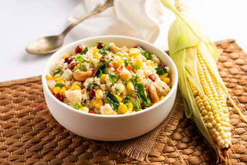Sweet Corn Upma, makai rava uppittu made using with or without semolina , healthy Indian breakfast