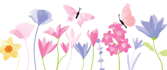 Obraz premium Set of botanical vector element. Collection of butterfly, flowers, wildflowers, leaf in hand drawn. Watercolor floral garden illustration design for logo, wedding, invitation, decor, print.