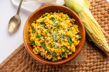 Sweet Corn Upma, makai rava uppittu made using with or without semolina , healthy Indian breakfast