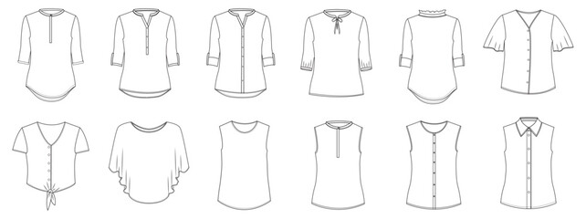 women blouse fashion flat sketch vector illustration. isolated on white background cad mockup.