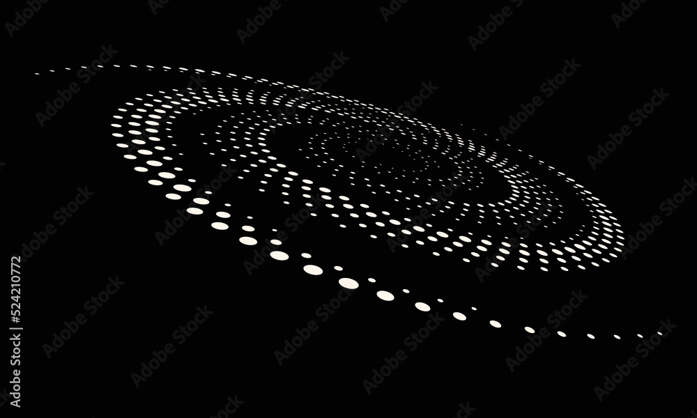 Poster perspective view to abstract halftone dotted circle. spiral universe concept on black background.