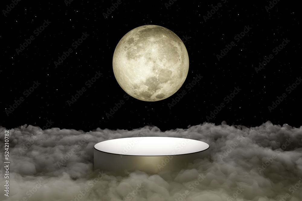 Wall mural 3d render platform and natural podium background on the high clouds with moon at night for product d