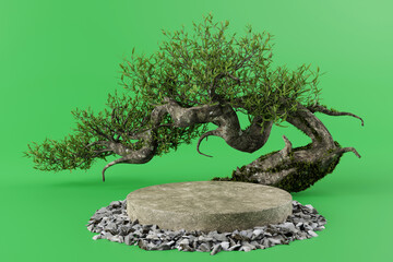 3d render platform and Natural stone podium background on the rock with bonsai tree for product stand display advertising cosmetic beauty products or skincare with empty round stage