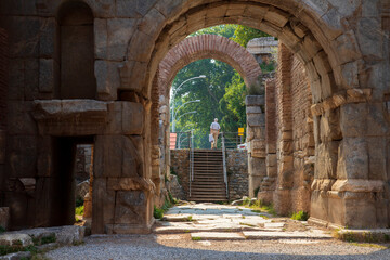 Lefke Gate (Lefke Kapi) of ancient Iznik Castle. Historical stone walls and doors of Iznik, Bursa.