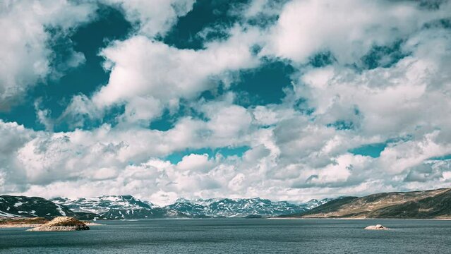 Oppland, Tyin Lake, Norway. Stones On Coast Of Beautiful Lake Tyin In Summer Day. Norwegian Nature. 4K.