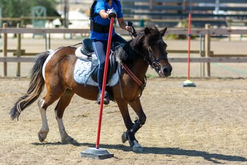 Little girl that rides a brown pony during Pony Game competition at the Equestrian School