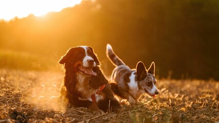 Berneński pies pasterski w złotej słonecznej poświacie