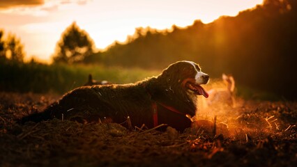 Berneński pies pasterski w złotej słonecznej poświacie - obrazy, fototapety, plakaty