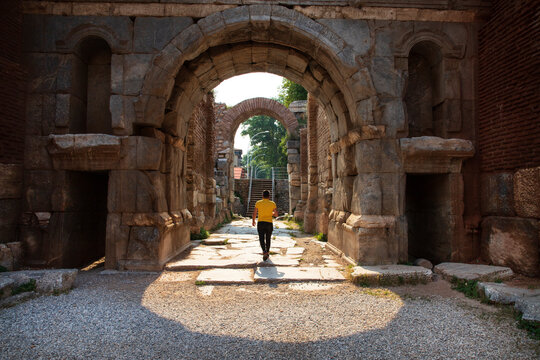 Lefke Gate (Lefke Kapi) of ancient Iznik Castle. Historical stone walls and doors of Iznik, Bursa.