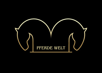 Horse's heads is drawn with gold line on black background. Pferde welt. Linear logo. Vector illustration