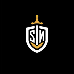 Creative letter SM logo gaming esport with shield and sword design ideas © robinstark