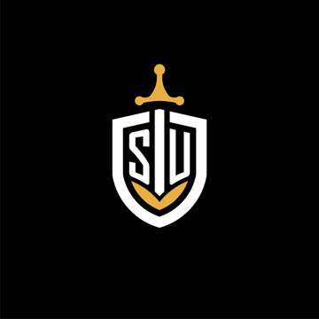 Creative letter SU logo gaming esport with shield and sword design ideas