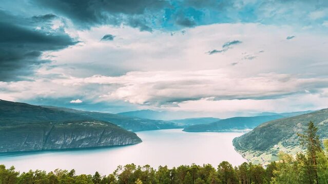 Utvik, Sogn Og Fjordane County, Norway. Norwegian Mountain Lake Landscape. The Innvikfjord Is A Sub-fjord Of Nordfjord In The Municipality Of Stryn In Sogn Og Fjordane. Time-lapse 4k.