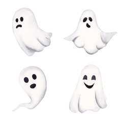 Watercolor set of ghosts. For design compositions on the theme of Halloween. Hand drawn illustration isolated on white background.