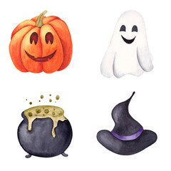 Watercolor Halloween set. Smiling pumpkin, flying ghost, witch hat and cauldron with spell bubbles.