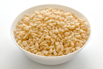 Crispy rice cereal in a white bowl. 