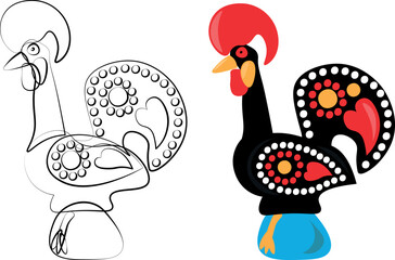Galo de Barcelos. Portuguese rooster vector illustration icon in colors and black line art.