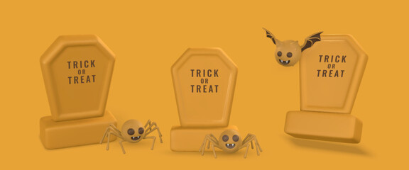 Cute cartoon 3d Halloween tombstone with bat and spider. Halloween concept. Vector illustration