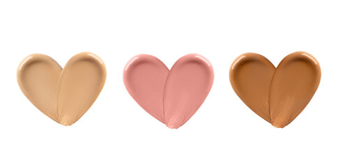 Shades of liquid foundation smears isolated on white background. Liquid foundation in a heart shape for your design. - 524213354