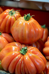 Ripe tasty organic tomatoes for sale on farmers market in Malaga, Andalusia, Spain