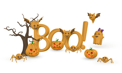 Happy Halloween banner design. Cute cartoon 3d Halloween elements. Vector illustration