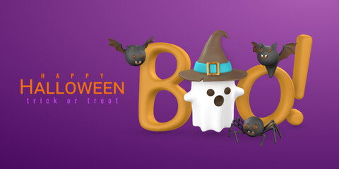 Happy Halloween banner design. Cute cartoon 3d Halloween elements. Vector illustration
