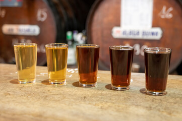 Tasting of different sweet wines from wooden barrels on old bodega in central part of Malaga, Andalusia, Spain