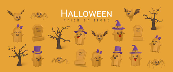 Cute cartoon 3d Halloween objects: pumpkin, ghost, tombstone, bat, spider and candy. Halloween concept. Vector illustration
