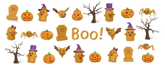 Cute cartoon 3d Halloween objects: pumpkin, ghost, tombstone, bat, spider and candy. Halloween concept. Vector illustration