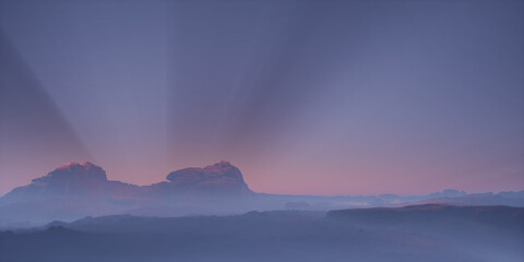 Canyon landscape with sandstone mounds at misty sunset. 3D render.