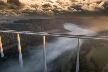 aerial view of a  highway bridge in the sunrise 