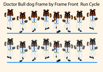 Big Brown Bull Dog vector illustration frame by frame Run cycle animation in doctor dress. Used for 2D Animation, Motion posters, and Infographics.