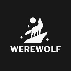 Silhouette illustration of Howling Wolf with Moon modern logo design.