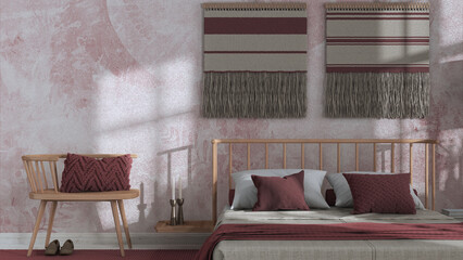 Obraz na płótnie Canvas Wabi sabi bedroom in white and red tones close up with macrame wall art and wallpaper. Wooden furniture, carpets and double bed. Japandi interior design