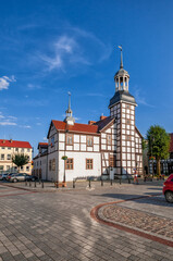 Obraz premium Town hall with a half-timbered structure from 1697. Nowe Warpno, West Pomeranian Voivodeship, Poland.