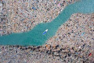 Sup board paddleboard turquoise blue water sea, Aerial top view. Concept pollution garbage plastic ocean