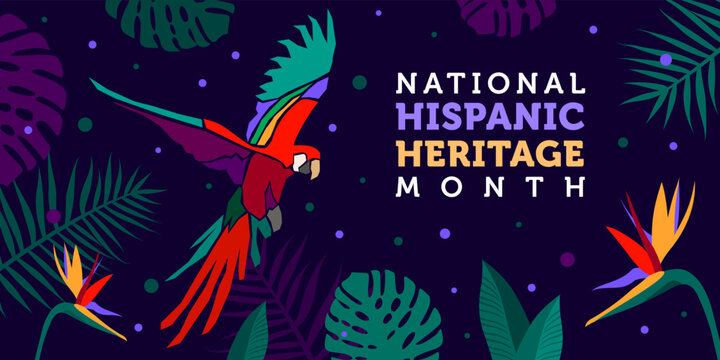 Vector web banner. Hispanic heritage month. Poster, card for social media, networks. Greeting with national Hispanic heritage month text on tropical pattern background. Multicoloured parakeet, parrot.