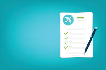 Flight insurance document. Airlines risk safety assurance agreement, checklist. Airplane travel coverage protection.