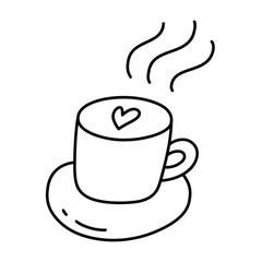 Coffee doodle icon, vector doodle illustration of a cup of hot coffee with milk, isolated outline clipart on white background, breakfast food and drink